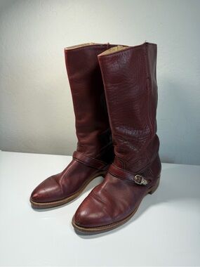 VTG Frye Campus Riding Boots Maroon Burgundy Leather Harness Knee High Size 9 B